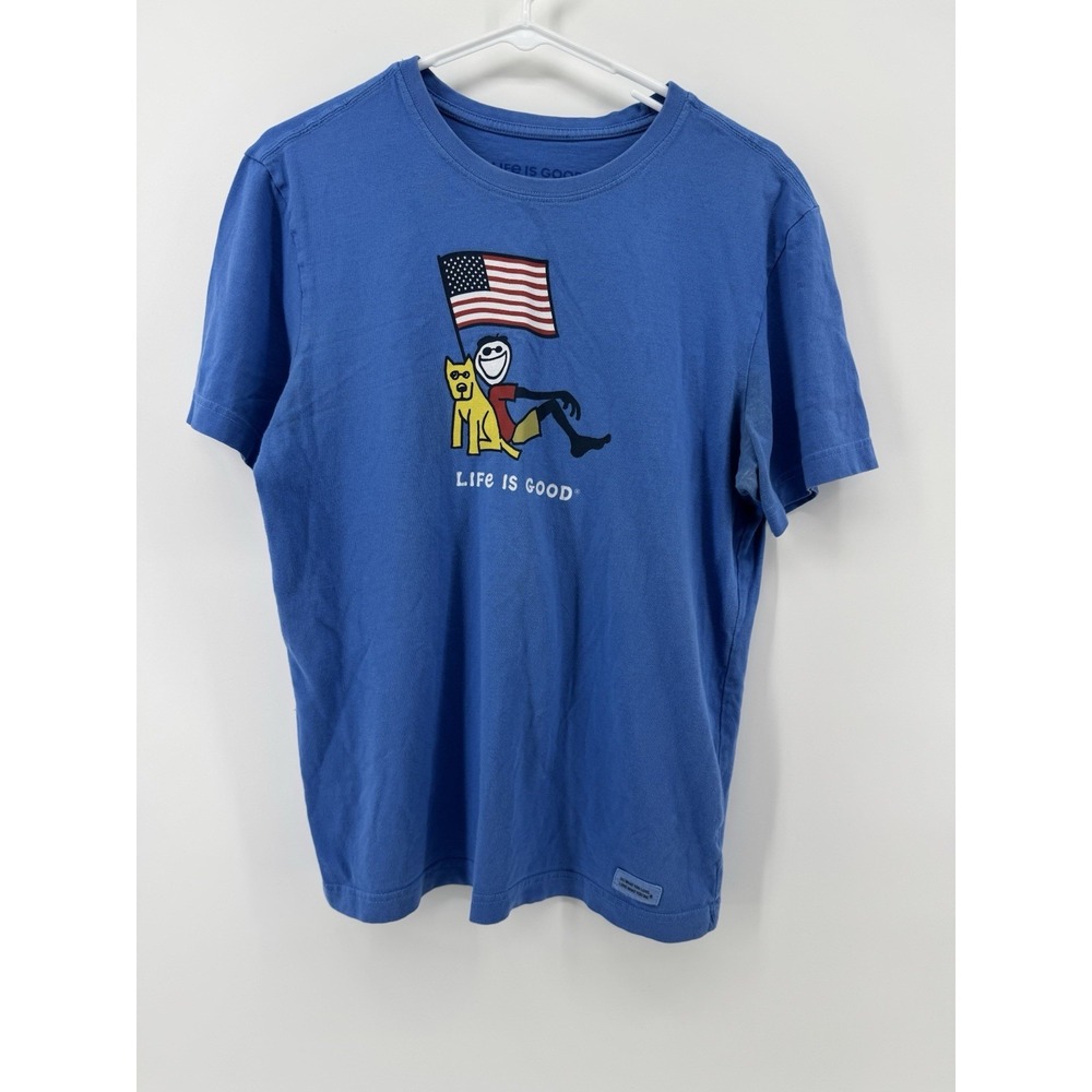 Life is Good Mens S Blue Crusher Tee Jake Rocket Dog American Flag Graphic